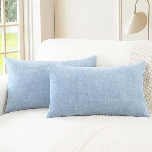 Image of CaliTime Pack of 2 Cozy Bolster Pillow Covers Cases for Couch Sofa Home Decoration Solid Dyed Soft Chenille 12 X 20 Inches Baby Blue