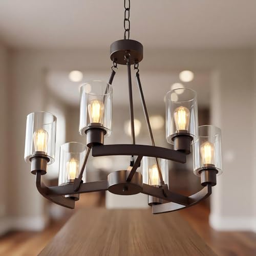 Virelite Modern Gunmetal Gray 6-Light Chandelier - 24" Clear Fluted Glass Pendant Light, Luxury Hanging Ceiling Fixture for Dining Room, Kitchen Island, Living Room & Foyer