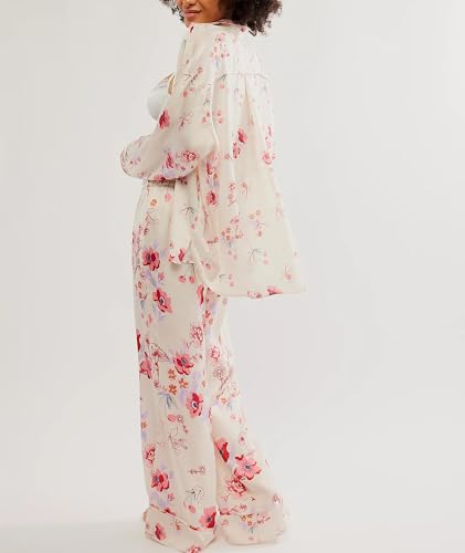 Image of Women Satin Pajama Set Floral Silk Pajamas 2 Piece Lounge Sets Button Down Shirts Wide Leg Pants Pjs Sleepwear