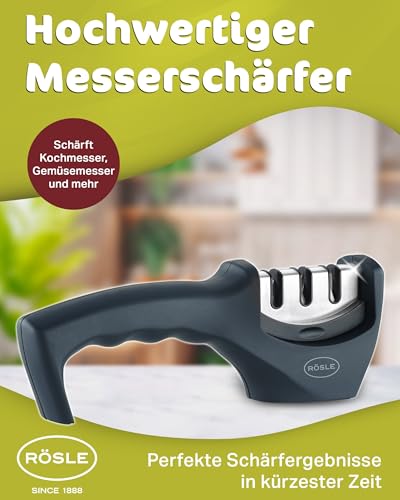 Foto von RÖSLE Messerschärfer - 3-Stufen Messerschleifer mit Wolframkarbid, Diamant und Keramik - Ergonomischer Griff, Austauschbarer Schleifkopf - Schleifgerät für Küchenmesser, Messer Schärfen leicht gemacht