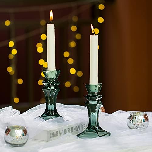 Romadedi Candle Holders Glass Crystal Candlestick- Set of 2 Clear Taper Candlestick Holders Elegant Design Coffee Dinning Table Centerpiece for Wedding Party Christmas Home decoration, Green 16.5 cm