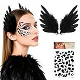 MWOOT Schwarzer Feder Haarspange für Frauen, Federhaarschmuck, Engelsflügel Federn Haaraccessoires mit Leopardenmuster Tattoo für Halloween Dekoration, Karnevalskostüme, Cosplay Party