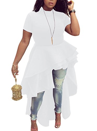 womens ruffle high low asymmetrical short sleeve bodycon tops blouse shirt dress