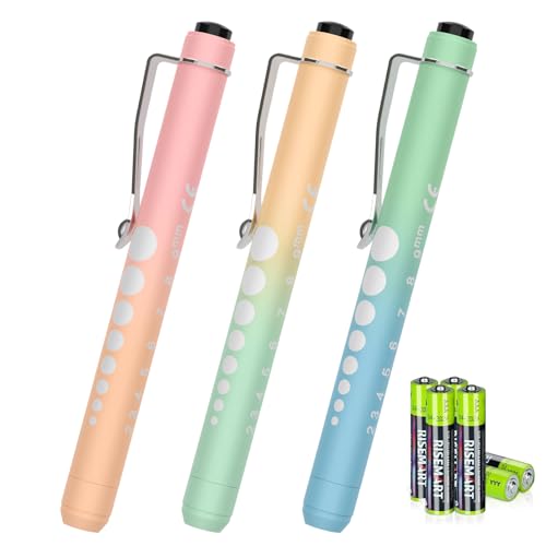 3 Pack Pen Lights for Nurses with 6 Batteries - Reusable Pen Light with Pupil Gauge and Ruler, Nurse Accessories for Work, Medical Penlights for Nursing Student Doctors EMT CNA (Pink+Yellow+Green)