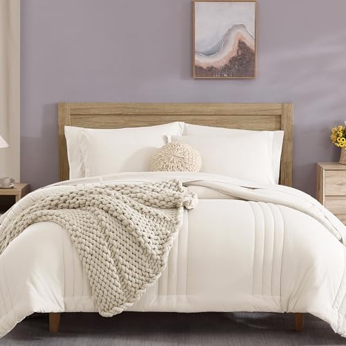 Image of Full Size Comforter Set-7 Pieces White Soft Bed in a Bag Full Bedding Sets | Monbix All-Season Vertical Quilted Comforter with Sheets, Pillow Shams & Pillowcases