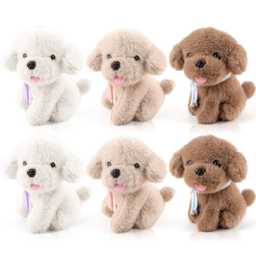 ANBOOR 6pcs 12cm Hunde-Plüschtiere, süßes Hundewelpen-Plüschtier mit Schal, Duftende Teddys, kleine Plüschtiere mit Schlüsselanhänger, weiches Plüsch-Hundespielzeug (braun, weiß, Hellbraun)