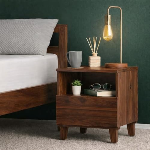 Image of Solid Sheesham Wood Bedside Table for Bedroom | Modern Wooden Nightstand with Storage Shelf & Drawer (Walnut Finish)