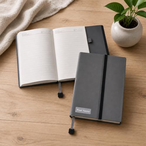 Image of Giftana Personalized Diary with Name, Customized Leather Notebook Diary with Magnetic Flip Lock, A5 Size, 192 Ruled Pages Office Diaries for Writing, New Year Corporate Gifts for Employee (Grey 2)