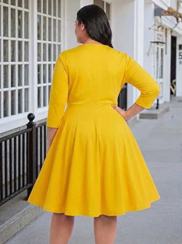 Image of Womens Plus Size Dresses Faux Wrap Summer Dress 3 /4 Sleeves V Neck 1950s Retro Vintage Wedding Party Midi Dress