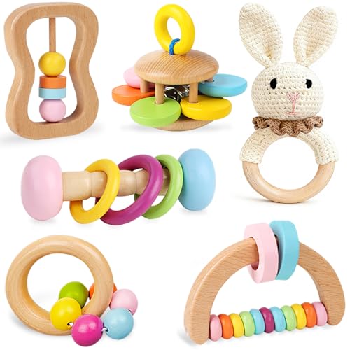 Image of 6 PCS Wooden Baby Rattle, Organic Colorful Baby Hand Rattles Set, Wood Rattles for Babies 0-6-12 Months, Wooden Teether Crochet Rattle Toy for Newborn Infant, Montessori Toys for Babies 0-6 Months