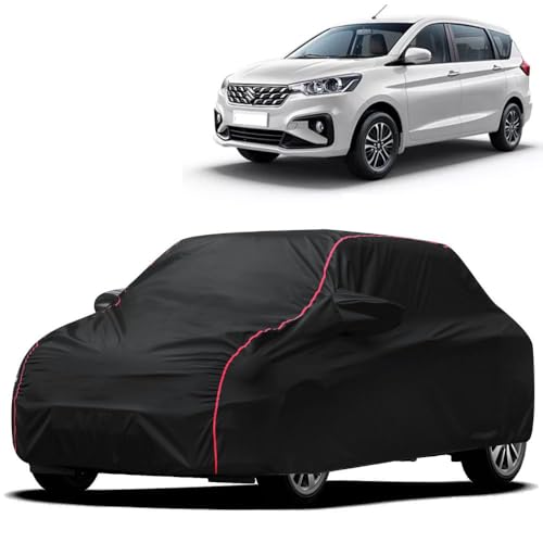Image of Waterproof Car Cover for Maruti Suzuki Ertiga | All-Weather Protection, Dustproof & UV Resistant | Triple Stitched Mirror Pockets, Windproof Buckle Strap with Elastic Hem, Black-Red Piping