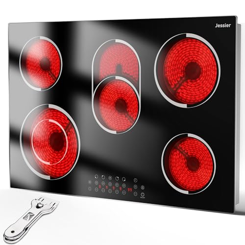 Jessier 30 Inch Electric Cooktop - 5 Burner 8400W Ceramic Stove 30 In, Built-in Electric Stove Top with Full Metal Frame Protection, Timer, Safety Lock, Pause, Dual Ring, 220V Hard Wired (No Plug)