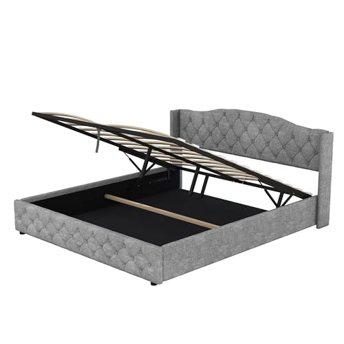 Becag Doppelbett 180x200, Polsterbett mit Stauraum, Bett mit Lattenrost, Hydraulischer Bettrahmen Stauraum Betten, Rückenlehne Bett Stauraumbett Funktionsbett Jugendbett, Grau Leinen, Ohne Matratze – Bild 7