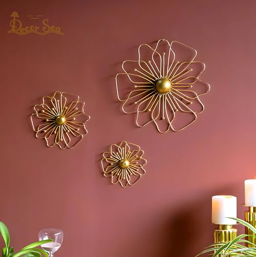 Image of DECOR SEA Gold Metal Wall Decor Three Piece Wall Art Metal Flower Wall Decor Sculpture For Living Room Bedroom Elegant Floral Hanging Home Decore Set Of 3
