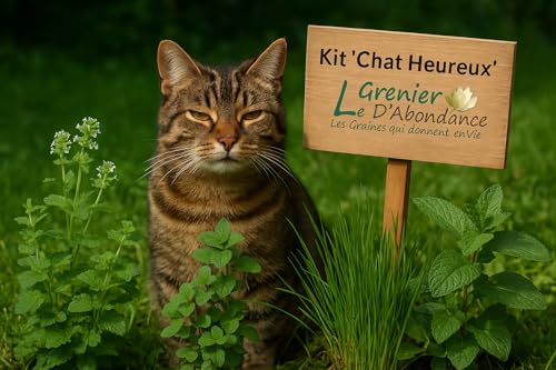 Le Grenier d’Abondance – Kit “Chat Heureux” : 4 plantes magiques à semer pour le bien-être et les jeux de votre félin adoré