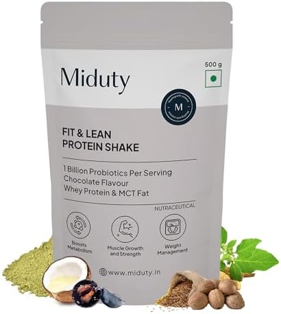 Miduty Fit and Lean Protein Shake Low-Carb Protein Shake Sweetened with Xylitol & Stevia, Ashwagandha, Garcinia Cambogia, MCT Powder - for Weight Management - 500 Grams