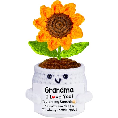 Grandma Gifts, Gifts for Grandma of Positive Crochet Sunflower, Grandmother Birthday Gift from Granddaughter Grandson Grandkids, Nana Gigi I Love You Cute Emotional Support Handmade Plush Flowers Doll