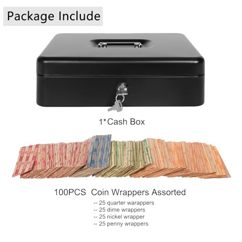 Cash Box with Key Lock and Money Tray - Metal Money Box for Cash Register, Large Cash Lock Box for Money Safe with 100PCS Coin Wrappers Assorted by Goehiaul - Image 5