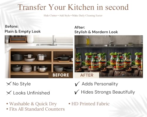 Image of Premium Printed Kitchen Sink Curtain | Washable & Dustproof Rod Pocket Counter Skirt | Perfect for Any Sink | Multicolor Cooking Theme Decor for Home & Kitchen(150cm X 70cm) (Jaar)