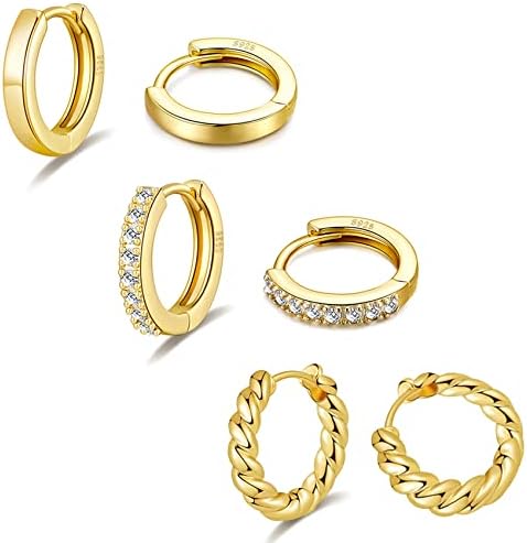 3 Pairs Gold Hoop Earrings Set for Women 14K Gold Plated Huggie Hypoallergenic Lightweight Mini Hoop Earrings with Cubic Zirconia Small Gold Hoops for Girls