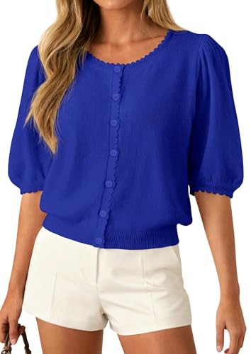 PRETTYGARDEN Puff Short Sleeve Cardigans for Women Lightweight 2026 Summer Shirts Button Up Knit Sweater Tops Spring Clothes (Royal Blue,XX-Large)
