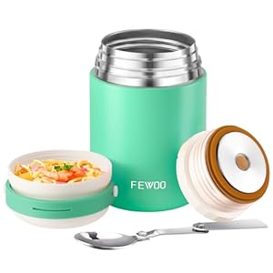 FEWOO Food Thermos, 20oz Insulated Lunch Soup Container for Hot Cold Food for Kids Adults, Leak Proof Vacuum Stainless Steel Food Jar with Folding Spoon for School Travel Outdoors (Green)