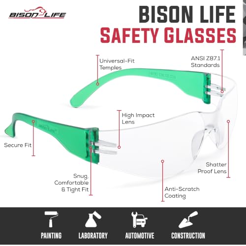 Image of BISON LIFE Clear Safety Glasses - ANSI Z87.1 Certified Scratch & Impact Resistant Eye Protection Goggles for Men & Women