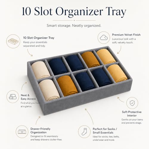 Image of 10 Slot Drawer Organizer Tray for Socks and Ties, Grey | Ten divided compartments keep socks, ties and small wardrobe accessories neatly arranged in drawers, wardrobes or closets.