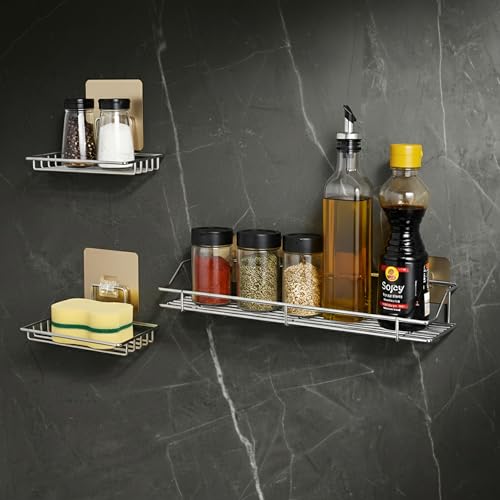 Image of Dueset Bathroom Shelves & Kitchen Organizer Rack | No Drill Stainless Steel Self Adhesive Wall Shelf Combo of 1 Wall Shelf & 2 Stickable Soap Holders with Drain Tray (Silver, Pack of 3)