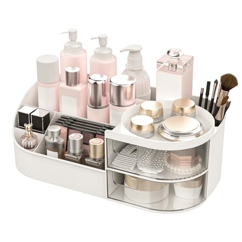 Makeup Organiser, Large Capacity Cosmetic Organisers for Beauty Skincare Jewelry, Make Up Storage Cosmetic Dressing Table Organiser Makeup Box with Drawer for Bedroom Bathroom Dresser Office (White)
