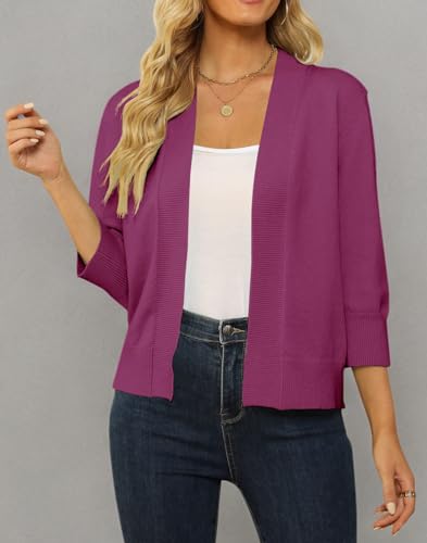 Image of Women's 3 /4 Sleeve Cropped Cardigan Sweater Open Front Short Shrugs Cardigans Lightweight Sweaters