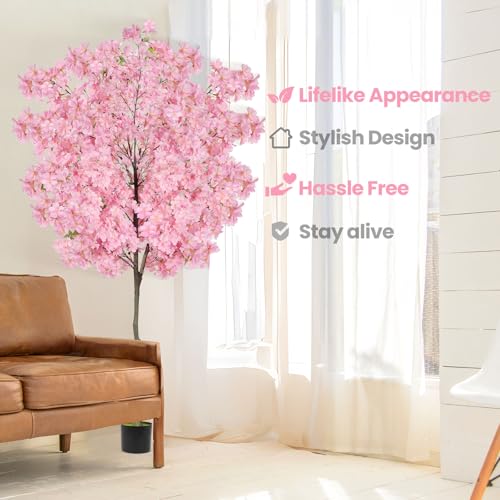 6Ft Tall Cherry Blossom Artificial Tree,Fake Pink Cherry Blossom Tree,Lifelike Decorative Plant in Pot for Indoor/Outdoor, Christmas, Garden,Home Office Dec