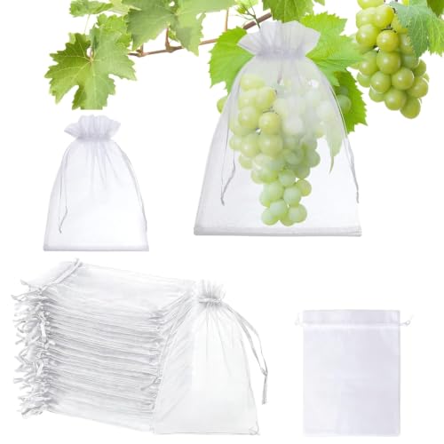 Lot de 70 Sacs de Protection pour Fruits 20x30cm, Sachet Organza Blanc avec Cordon de Serrage, Filet de Protection Jardin Anti Insectes et Oiseaux pour Raisin, Fraise, Tomates et Arbres Fruitiers