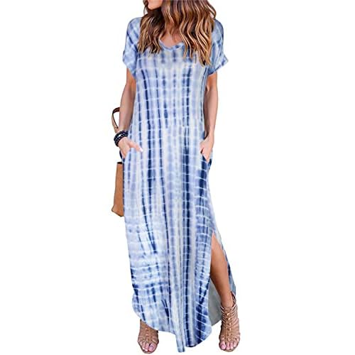 Arolina Women Summer Maxi Dress Short Sleeve V Neck Casual Loose Long Split Dresses Beach Vacation Sundress with Pockets Blue Tie Dye Small