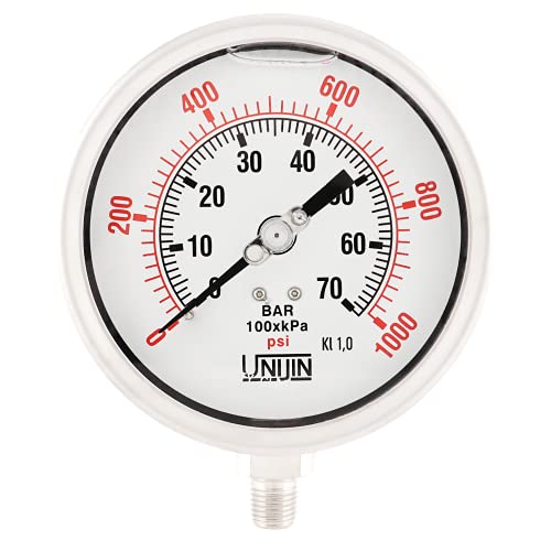 Unijin P255 Series 4" Dial, Oil Filled Full Stainless Steel Pressure Gauge, 0-1000 PSI/kPa, ±1.0% Accuracy, 1/4" NPT, Bottom Mount by Unijin - Used condition - US$17.33