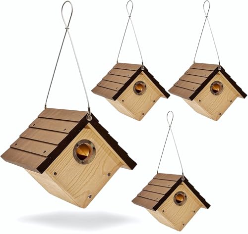 4 Pack Wren Bird Houses for Outside Birdhouses for Outdoors with Metal Predator Guard Wooden Bird House Hanging Birdhouse Wren House Birds Nesting Box for Chickadee Black