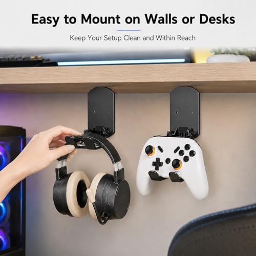 Image of BendJoy Headphone Stand for Desk, No Drill Sticky Headset Hook, Wall Mount Headphone Holder for AirPods Max and All Headphones, PC Gaming Accessories for Student Dorm and Computer Setup