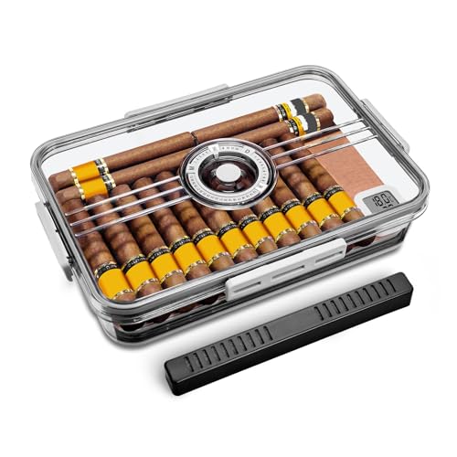 CIGARLOONG Cigar Humidor Humidifier and Hygrometer Clear Humidor Large Storage with Cedar Wood Chip Gifts for Men (Small for Store 30 Cigars)