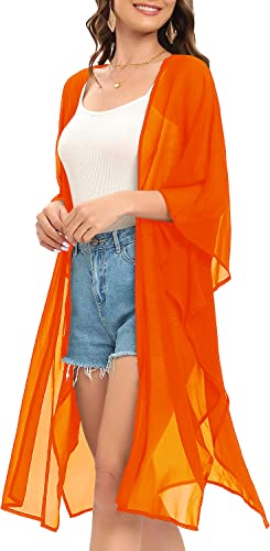 Image of Indian Trendy Women's Solid Puff Sleeve Kimono Long Cardigan Loose Cover Up Casual Blouse Top Chiffon