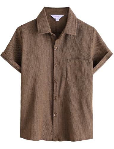 AOTIK Boys Casual Button Dwon Shirt Short Sleeve Fashion Button Up Shirt with Pocket 8 Pure Coffee