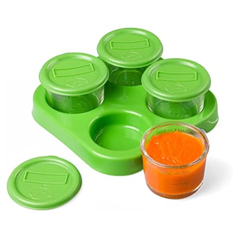 Glass Baby Food Storage Containers (4 Pk) - 2oz Jars in Stackable Storage Tray w Tight Interlocking Base- Dry-Erase Marker Labeling- Microwave Freezer Dishwasher Safe- Babyfood Breast Milk, Gift Cover