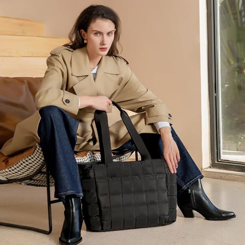 befen Puffer Handtasche Damen Groß Shopper Tasche Tragbare 15.6' Laptop Tote Bag Sporttasche Reisetasche Mit Reißverschluss Trolley-Abdeckung für Arbeit, Reisen, Fitness (Schwarz)