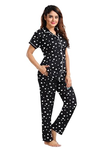 Image of YAZIA Women's Cotton Heart /Box /Zigzag Printed Night Suit Set of Shirt and Pyjama H P BLK