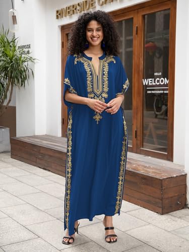 Image of KECVOT Kaftan Dresses for Women Embroidered Short Sleeve V-Neck Plus Size Caftan Bikini Swimsuit Cover-Up Long Beach Dress