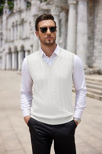 Image of COOFANDY Men's Sweater Vest Cable Knitted V Neck Slim Fit Sleeveless Pullover Sweater
