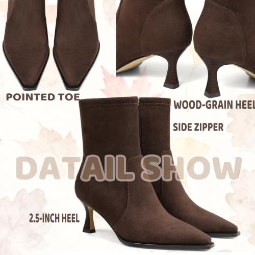 Image of Womens Brown Suede Fall Boots with Side Zip, Ankle, Mid Calf, Pointed Toe, Kitten Heel, Dressy, Short Boots