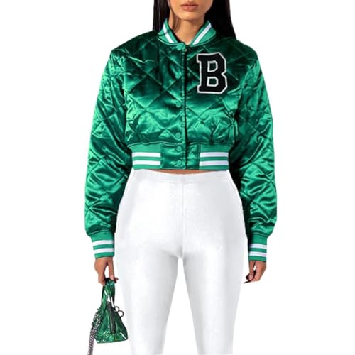 Women's Cropped Quilted Jacket Casual Button Down Printed Shiny Varsity Bomber Jacket with Pockets2