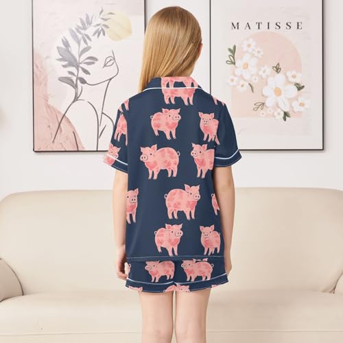 ALAZA Blue Pig Cartoon Satin Pajamas Set Short Sleeve Button Down Sleepwear Summer Pjs 2 Piece4