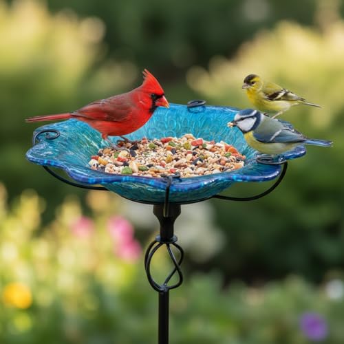 Image of HONGLAND Bird Baths for Outside,11 inch Small Blue Glass Birdbaths Outdoor,Detachable Bird Feeder with Metal Stake for Garden Yard Patio Decor,30 inch Height