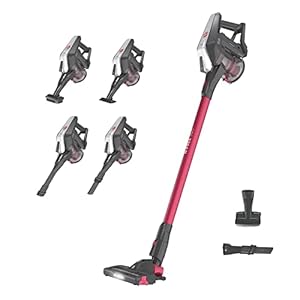 Hoover H-FREE 300 HF322HM 011 Draadloze en zakloze elektrische stofzuiger, cycloontechnologie, multifunctioneel, met LED-verlichting, autonomie 45 min, grijs en rood,Framboos rood